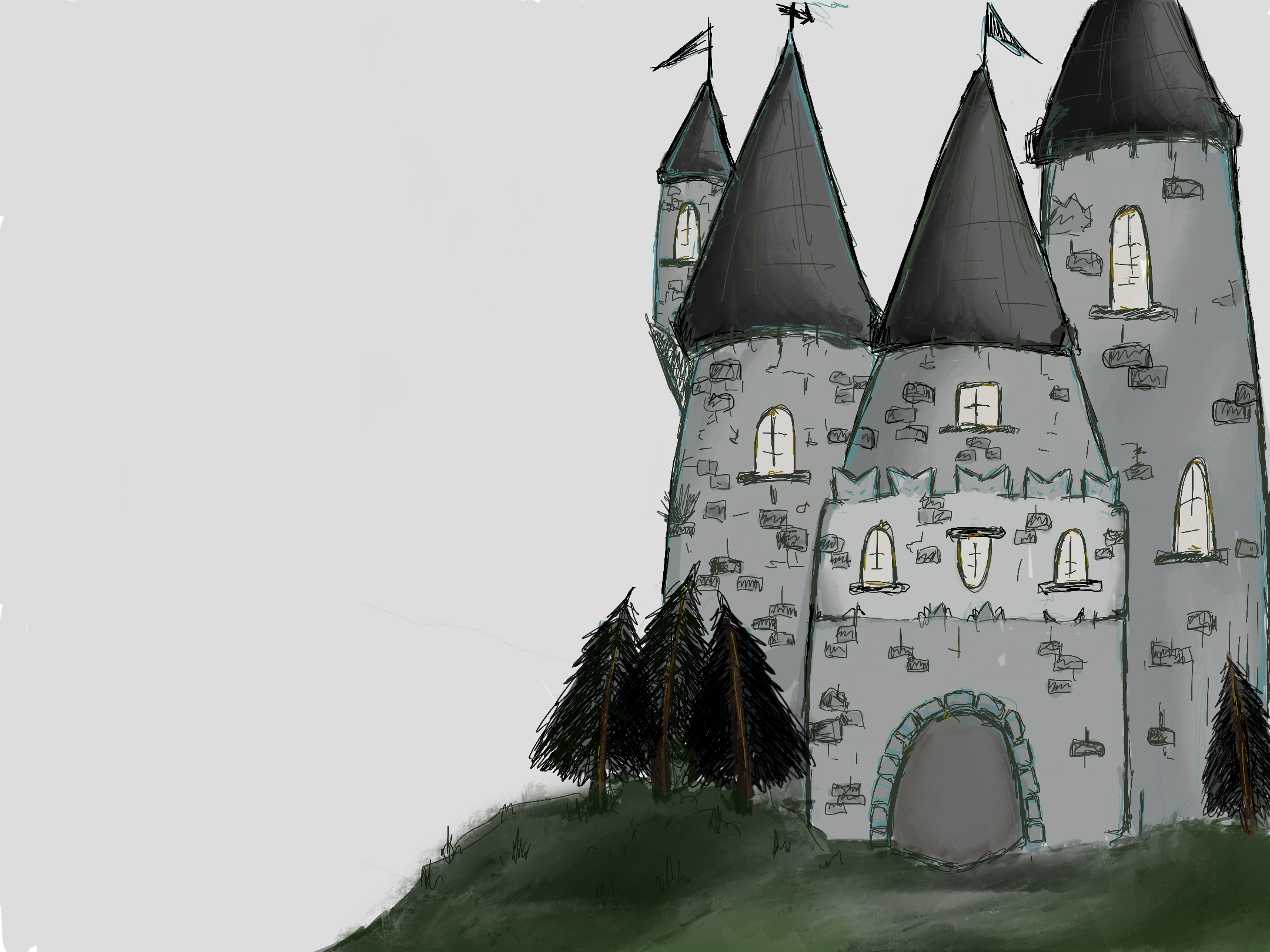 Illustrated grey castle with dark pointed towers on a green hillside.