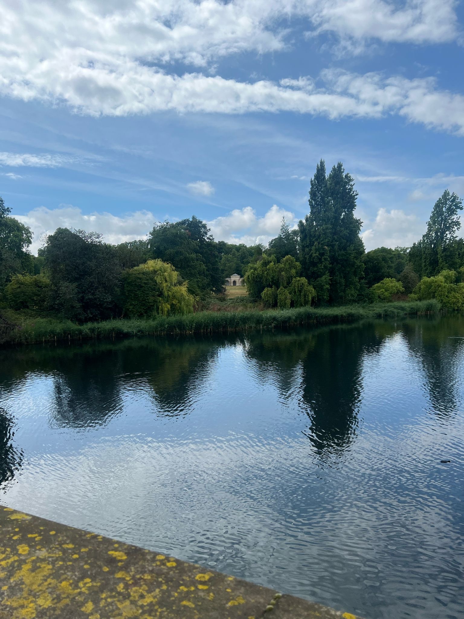 A tree-lined lake with soft reflections under a bright clouded sky.