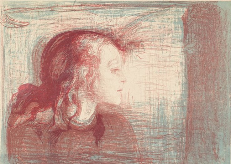 Red and blue artwork of a figure in profile used for The Painting story.